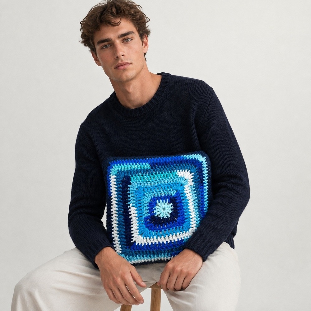 Handmade Crochet Granny Square Throw Pillow Blue White Boho Accent Cushion